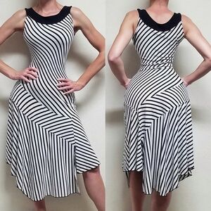 Vintage 90s PS Per Seption Black White Mixed Striped Asymmetric Midi Dress M